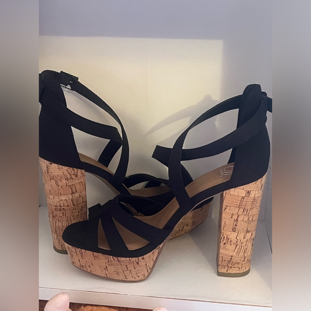 Delicious Black Strappy Cork Platform Heels